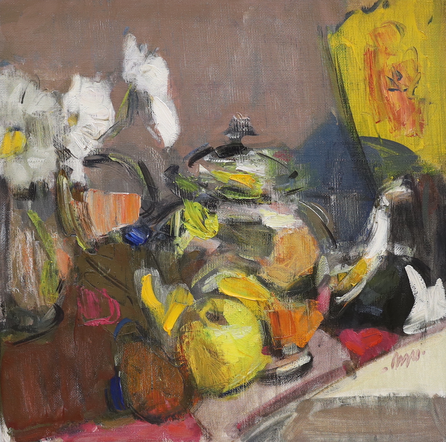 Gordon Bryce (b.1943), impressionist oil on canvas, Still life of silver teapot and yellow fan, signed, details and label verso, 51 x 50cm